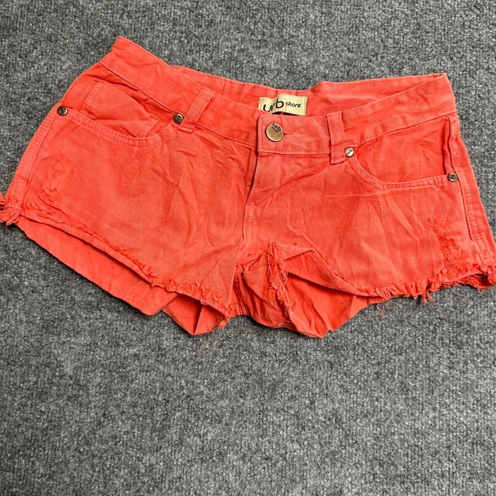 Urb Store Shorts Womens Size 07 Coral Orange Distressed Denim Raw Hem Cutoffs